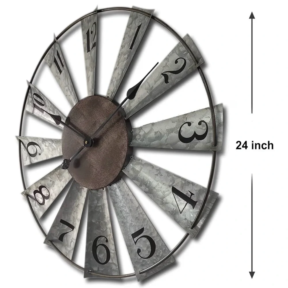 24” Windmill Distressed Metal Wall Clock Rustic Farmhouse Decor,Battery Operated